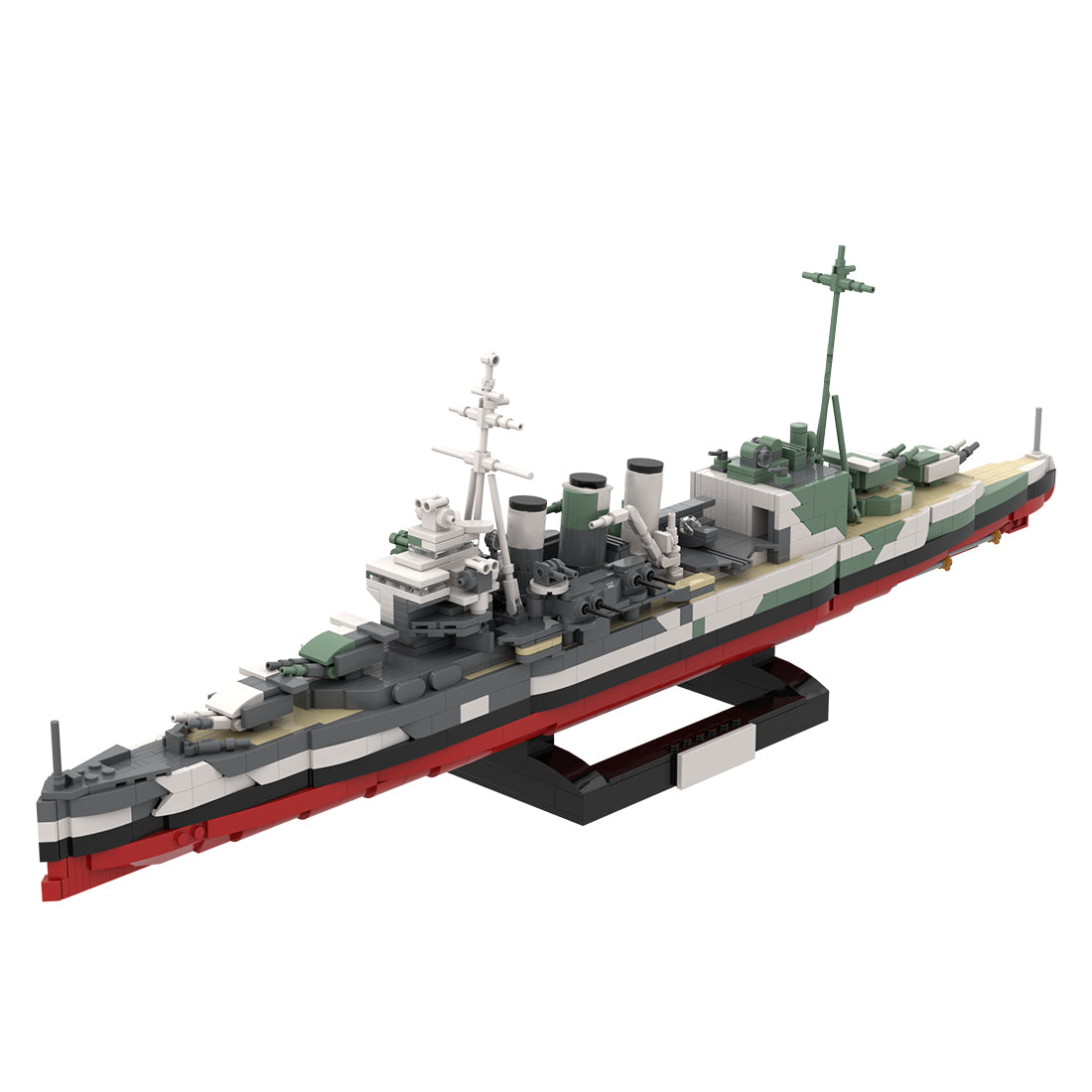MOC 1/300 Scale HMS Suffolk Heavy Cruiser Building Blocks, Military Warship Model Naval Display Construction Set with Display Stand for Adult Collectors (1656PCS/Camouflage Version) - cubertime