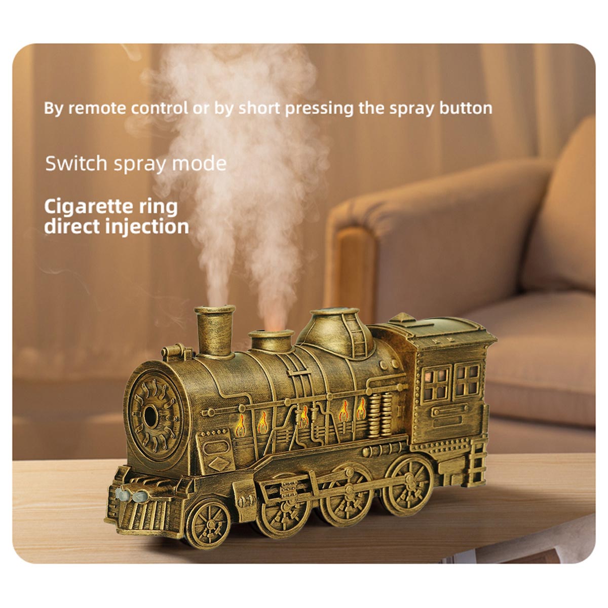 300ml Vintage Steam Train Aromatherapy Essential Oil Diffuser and Humidifier with Dual-Color LED Light, Remote Controller(Bronze/Black) - cubertime