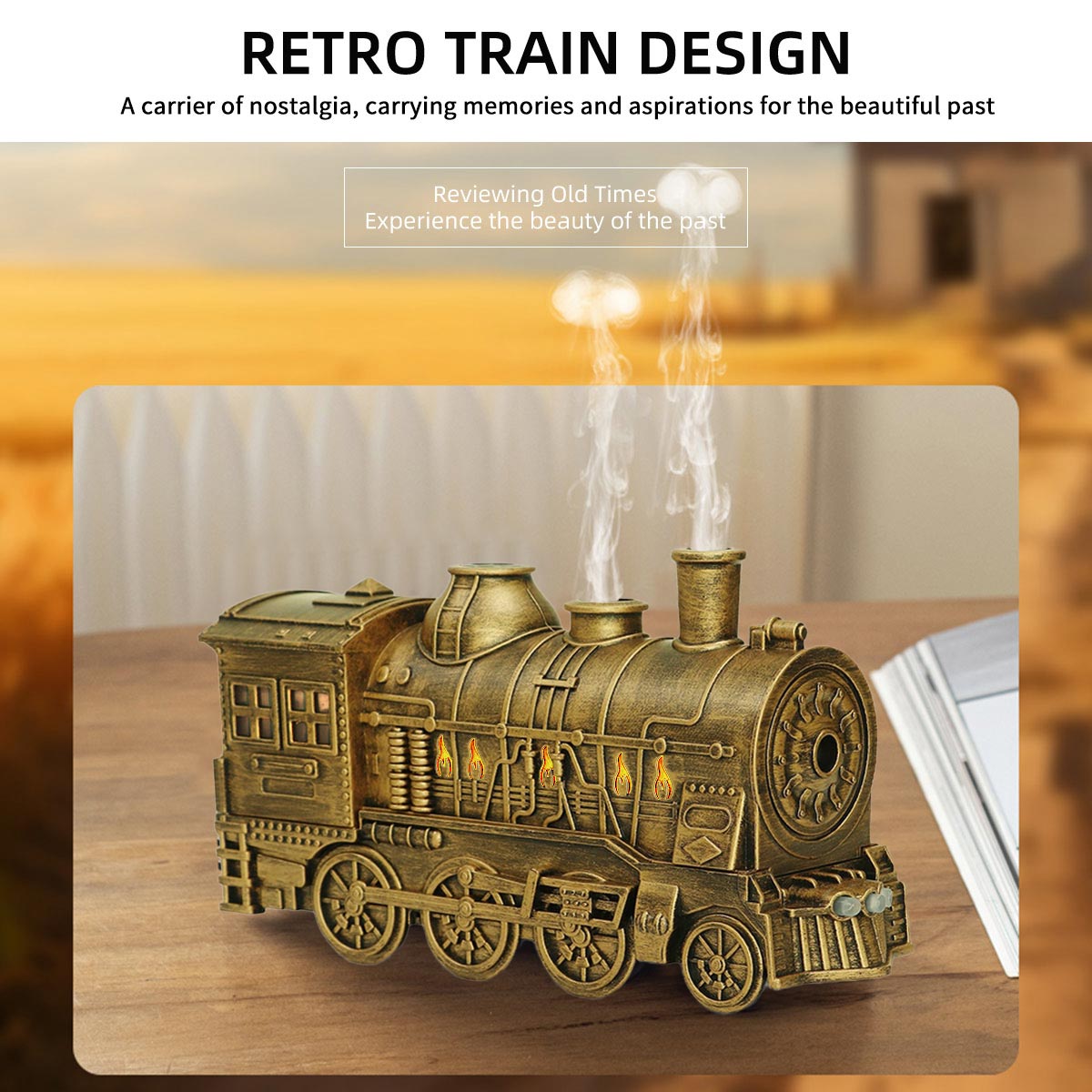 300ml Vintage Steam Train Aromatherapy Essential Oil Diffuser and Humidifier with Dual-Color LED Light, Remote Controller(Bronze/Black) - cubertime
