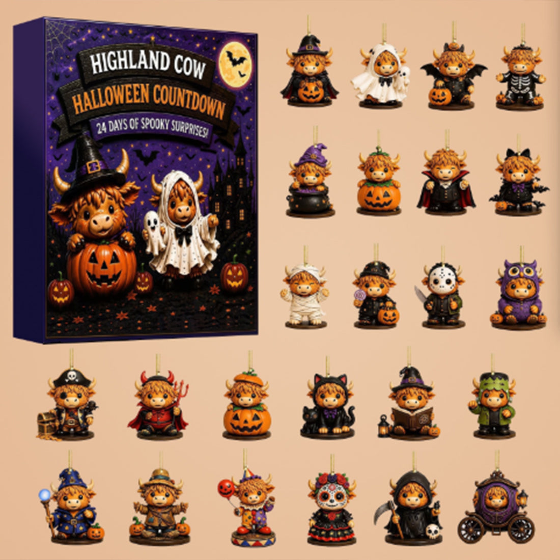 Halloween Long-Haired Cow 24-Day Countdown Surprise Box Mini Figure Set, Holiday Advent Calendar Mystery Bag Collection for Party Favors and Desktop Display - cubertime