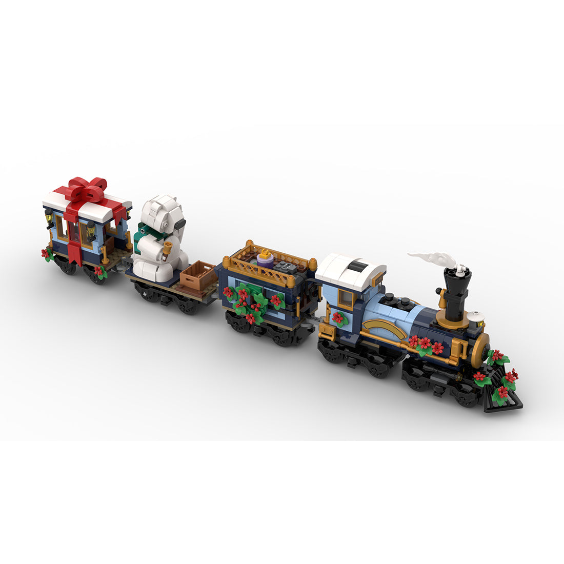 MOC-249783 Holiday Train Building Block Set, Seasonal Sightseeing Railway Car Model Kit, Christmas Festive Passenger Train Display Model (910PCS/Dynamic Version) - cubertime