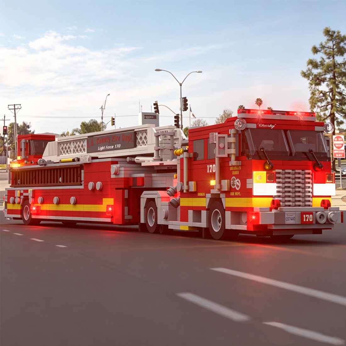 MOC-256302 Aerial Ladder Fire Truck Building Blocks Set, City Emergency Vehicle Model Kit with Extendable Ladder and Realistic Firefighting Details(1752PCS) - cubertime