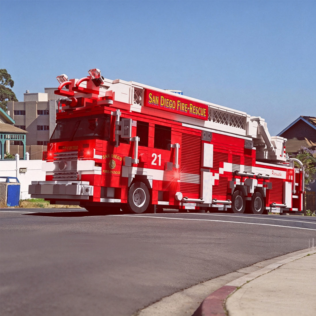 MOC-267135 2016-2017 City Ladder Fire Truck Building Blocks, Urban Fire Vehicle Model with Extra-Long Extendable Aerial Ladder, Detailed Equipment Compartments and Firefighting Accessories, Collectible Display Set(1741PCS) - cubertime