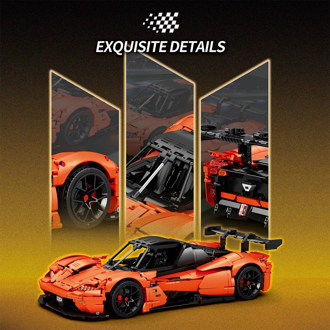 Orange and black sports car model with intricate details on a dark background
