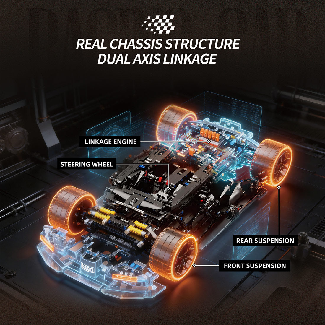 Diagram of a real chassis structure with dual axis linkage on a dark background