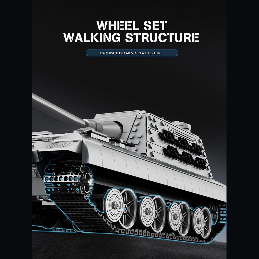 Model tank with detailed wheel set and walking structure on a dark background