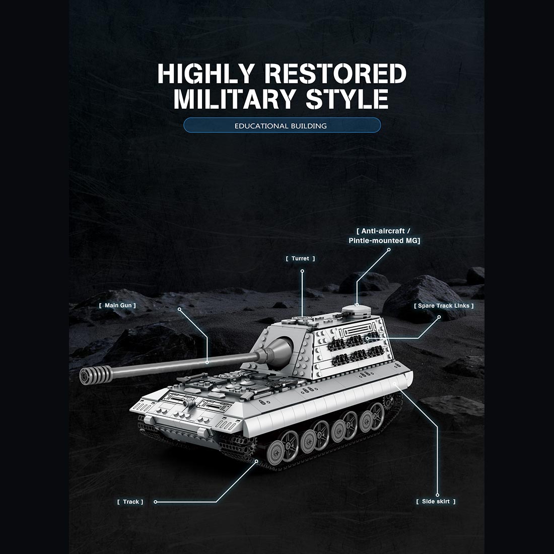 Model tank with labeled parts on a dark background, labeled 'Highly Restored Military Style'.