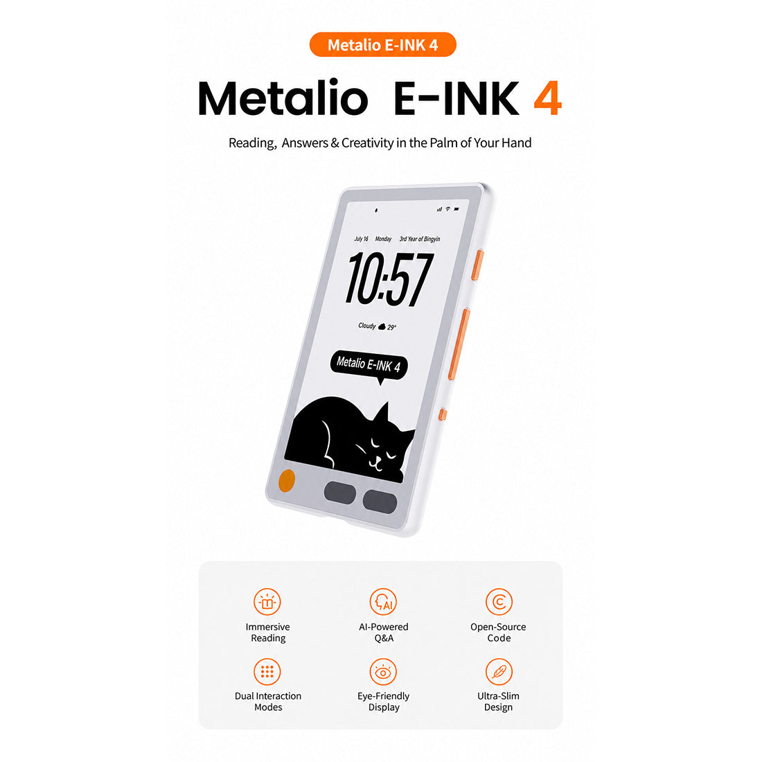 Metalio E-Ink 4 AI E-Reader, 3.97-Inch 235 PPI E-Ink Touchscreen, Ultra-Lightweight 70 g Portable Ebook Reader with Voice AI, AI Drawing, Audiobook Playback, Open-Source Firmware(Wi-Fi Version) - cubertime