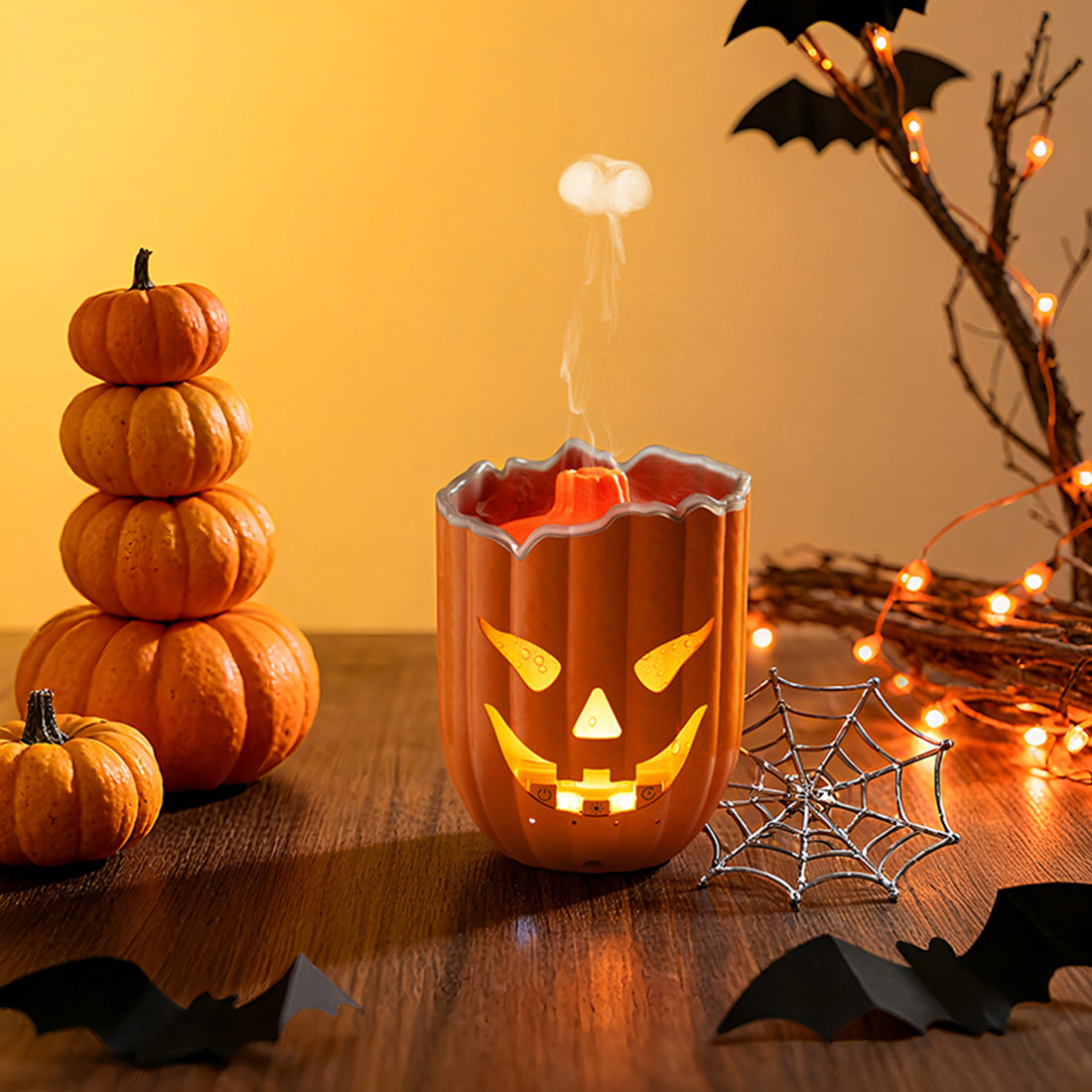 Pumpkin Aroma Diffuser, Halloween Pumpkin Humidifier with Colorful LED Lights, Ultrasonic Cool Mist Essential Oil Diffuser with Jellyfish Mist and Flame Effects, 300mL Water Tank for Bedroom Home Decor - cubertime