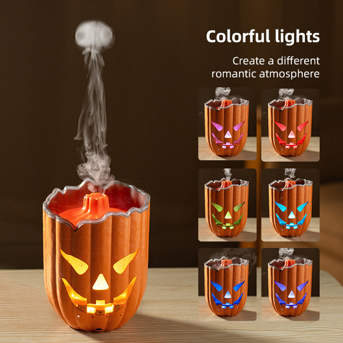 Pumpkin Aroma Diffuser, Halloween Pumpkin Humidifier with Colorful LED Lights, Ultrasonic Cool Mist Essential Oil Diffuser with Jellyfish Mist and Flame Effects, 300mL Water Tank for Bedroom Home Decor - cubertime