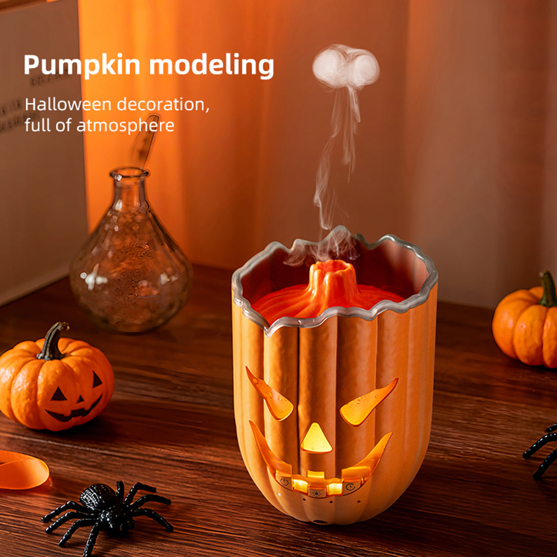 Pumpkin Aroma Diffuser, Halloween Pumpkin Humidifier with Colorful LED Lights, Ultrasonic Cool Mist Essential Oil Diffuser with Jellyfish Mist and Flame Effects, 300mL Water Tank for Bedroom Home Decor - cubertime