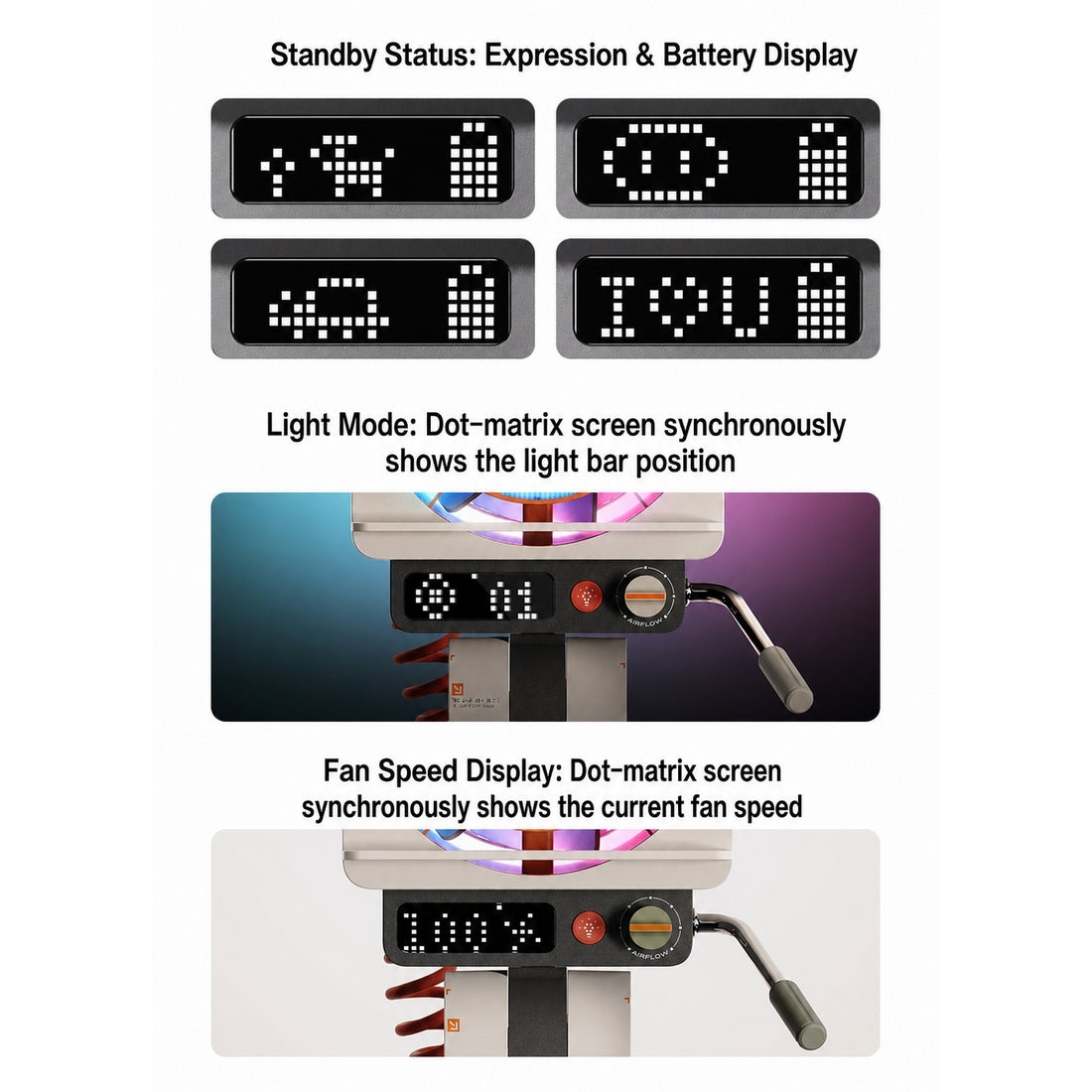 Retro Spotlight Desk Fan, 100-Level Stepless Rate Control, RGB Ambient Light, LED Dot Display, 5000mAh Rechargeable Battery, Type-C Charging, Adjustable Tripod Stand and Magnetic Grill Cover - cubertime