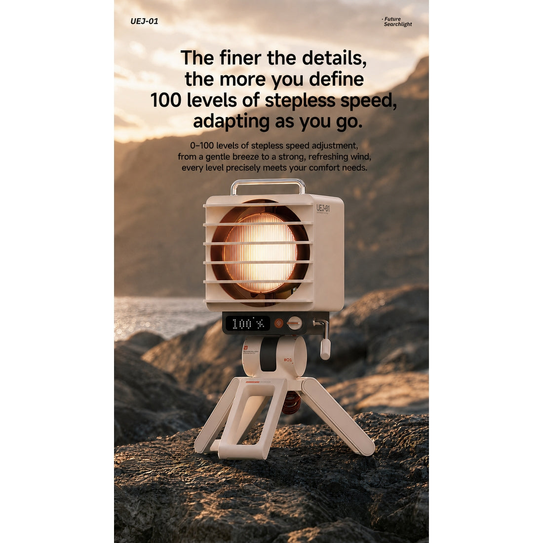 Retro Spotlight Desk Fan, 100-Level Stepless Rate Control, RGB Ambient Light, LED Dot Display, 5000mAh Rechargeable Battery, Type-C Charging, Adjustable Tripod Stand and Magnetic Grill Cover - cubertime