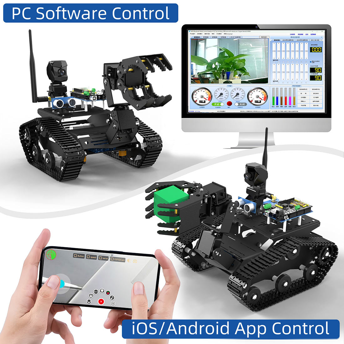 WiFi Video Tracked Robotic Car with Arduino-MEGA2560-Compatible Control Board (A1 Claw Configuration) - CUBERTIME