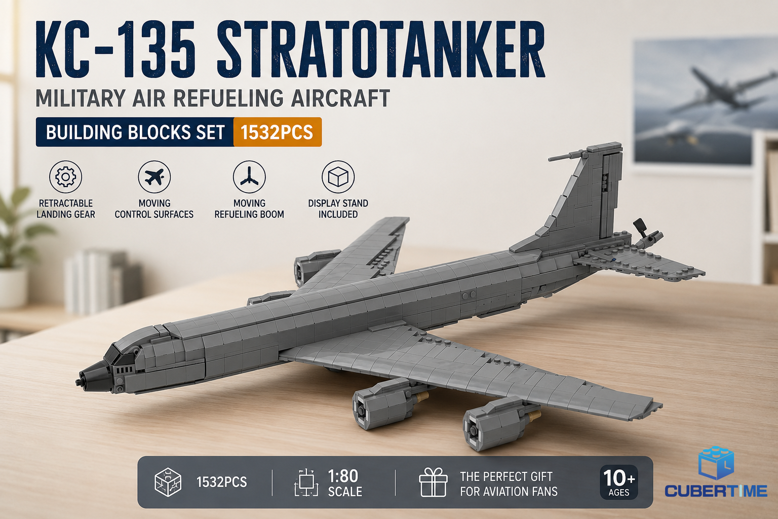 KC-135 Stratotanker military aircraft building blocks model with display stand