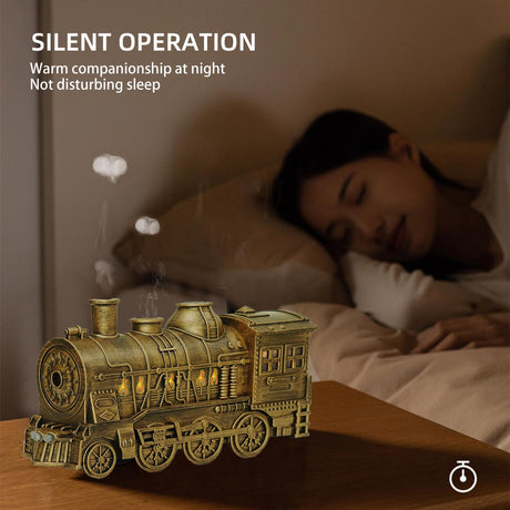 300ml Vintage Steam Train Aromatherapy Essential Oil Diffuser and Humidifier with Dual-Color LED Light, Remote Controller(Bronze/Black) - cubertime