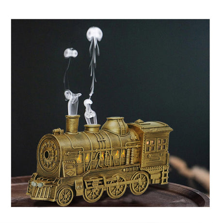 300ml Vintage Steam Train Aromatherapy Essential Oil Diffuser and Humidifier with Dual-Color LED Light, Remote Controller(Bronze/Black) - cubertime