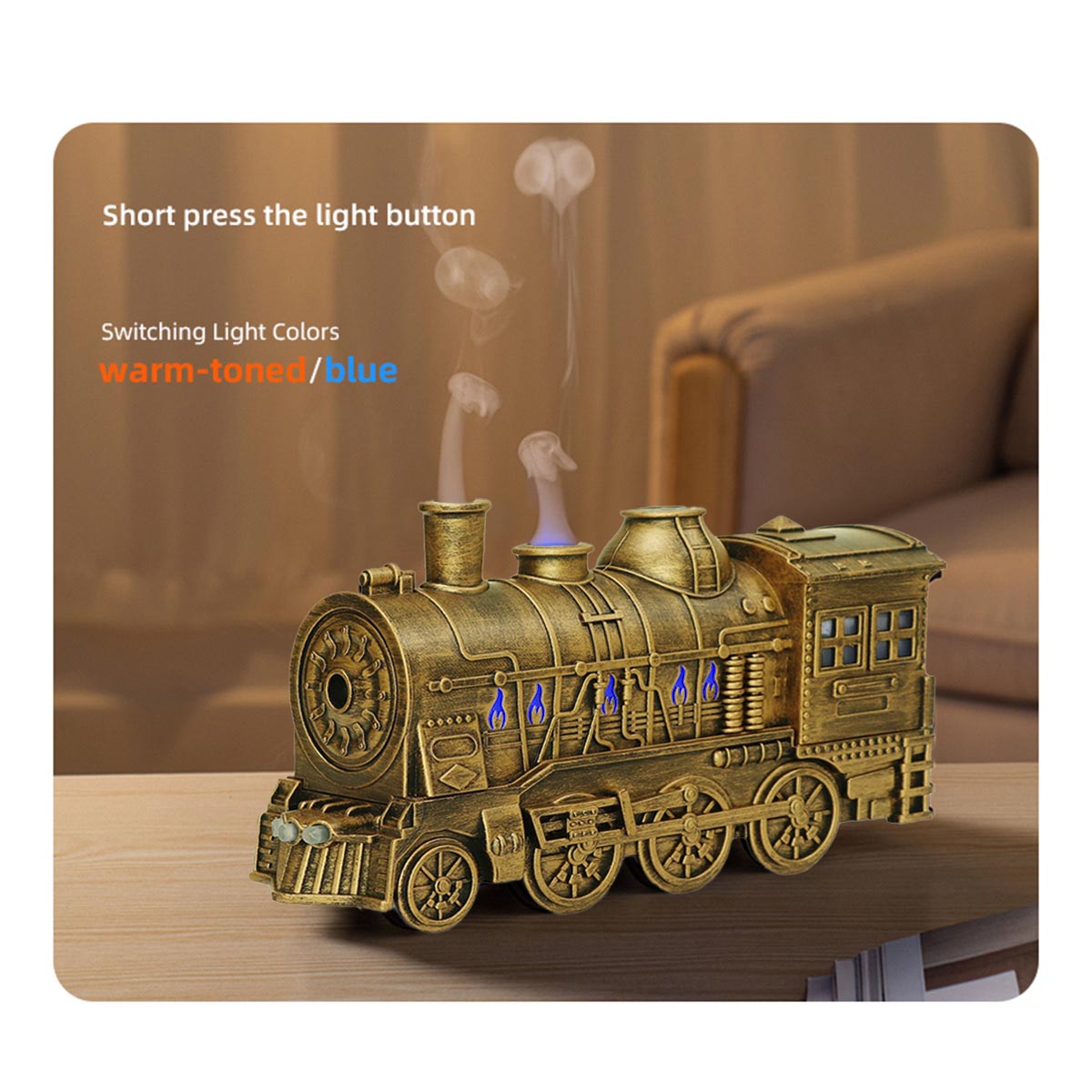 300ml Vintage Steam Train Aromatherapy Essential Oil Diffuser and Humidifier with Dual-Color LED Light, Remote Controller(Bronze/Black) - cubertime