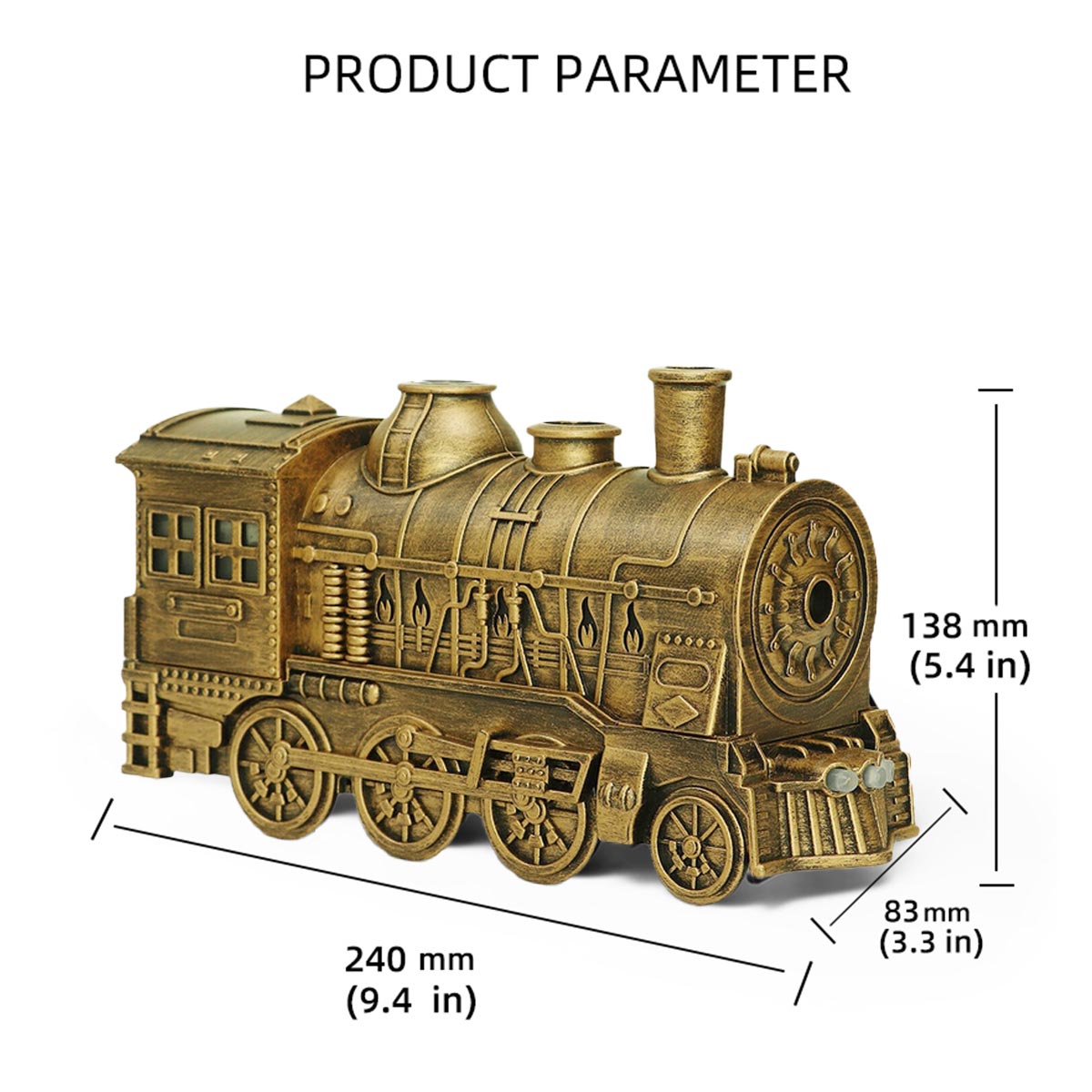 300ml Vintage Steam Train Aromatherapy Essential Oil Diffuser and Humidifier with Dual-Color LED Light, Remote Controller(Bronze/Black) - cubertime
