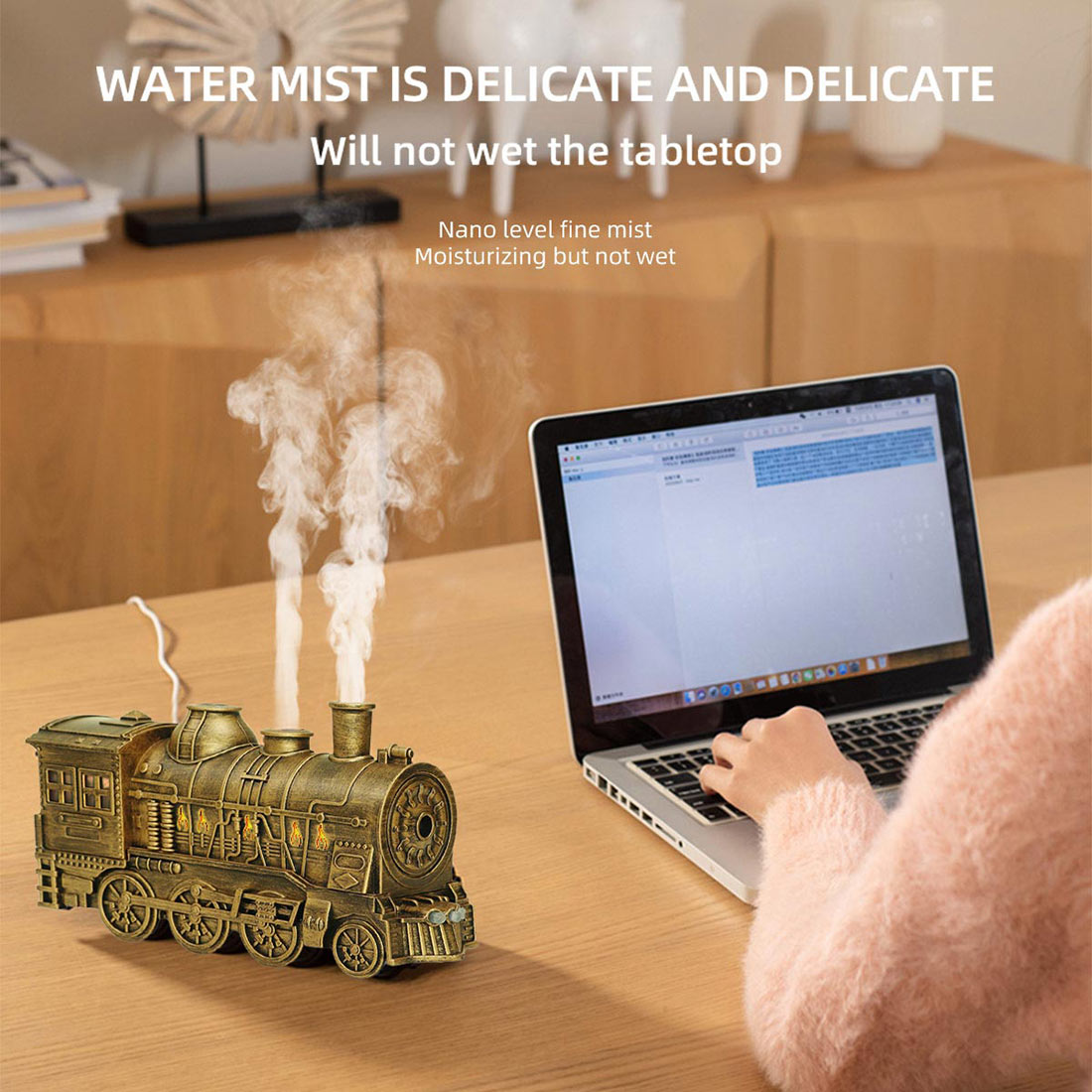 300ml Vintage Steam Train Aromatherapy Essential Oil Diffuser and Humidifier with Dual-Color LED Light, Remote Controller(Bronze/Black) - cubertime
