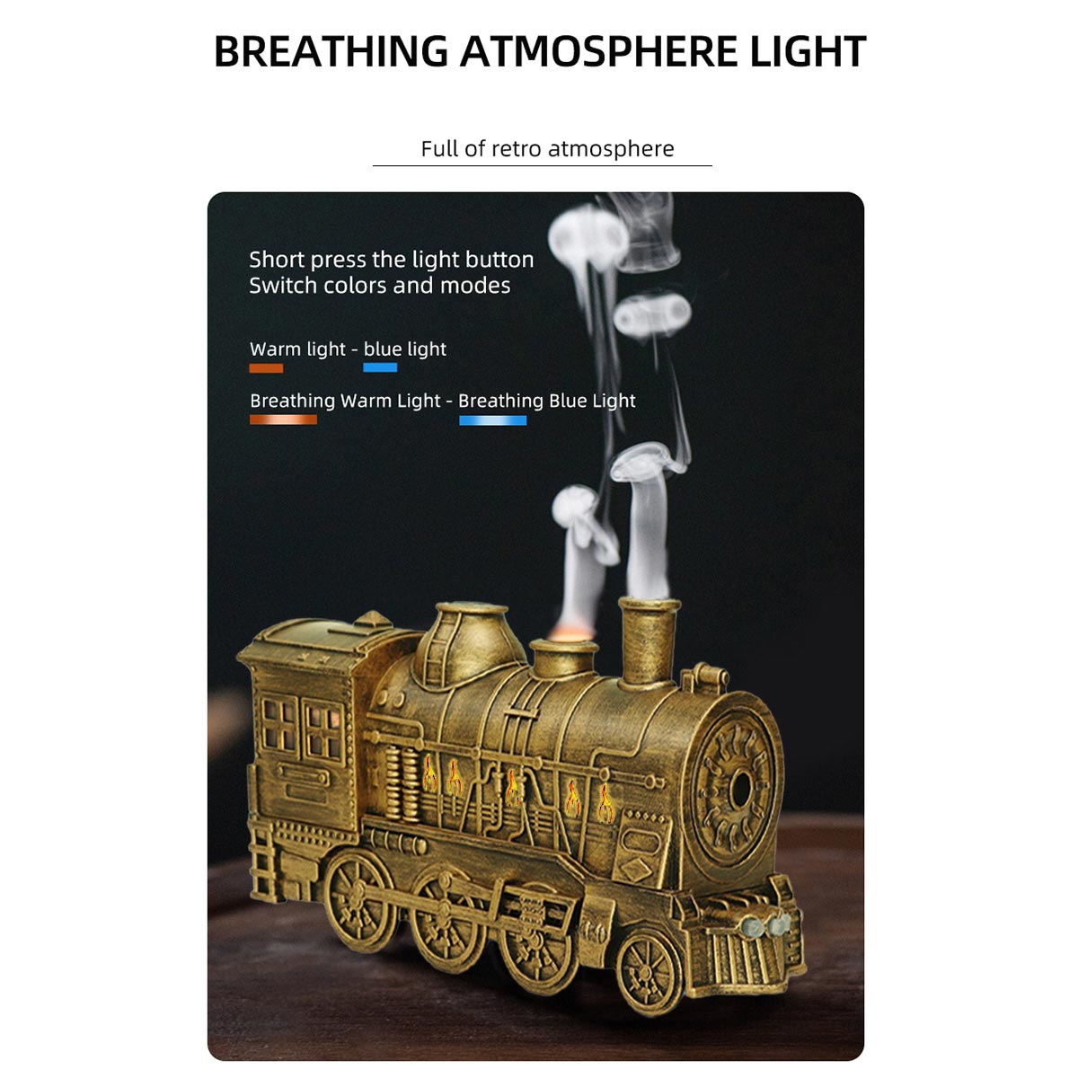 300ml Vintage Steam Train Aromatherapy Essential Oil Diffuser and Humidifier with Dual-Color LED Light, Remote Controller(Bronze/Black) - cubertime