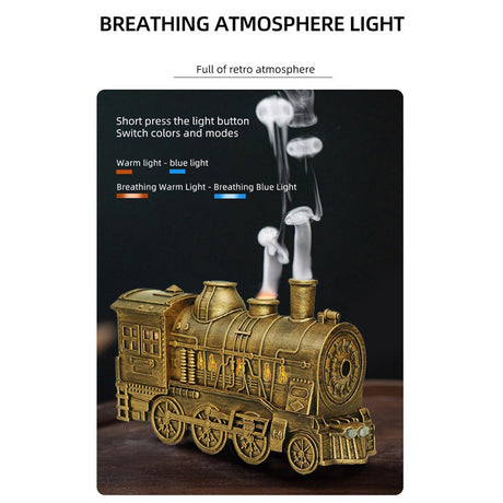 300ml Vintage Steam Train Aromatherapy Essential Oil Diffuser and Humidifier with Dual-Color LED Light, Remote Controller(Bronze/Black) - cubertime