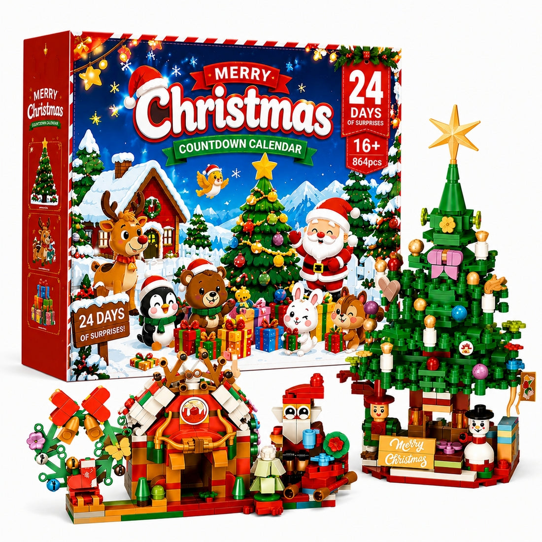 Christmas Advent Calendar Building Block Set, with Snowman, Christmas Tree & Snowflake(864PCS) - cubertime