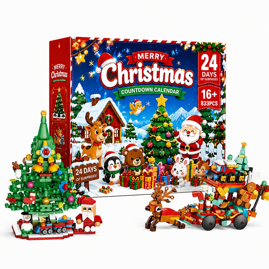 Christmas Advent Calendar Building Block Set, 3 Christmas Scenes with Tree, Gingerbread House & Village Display(864PCS) - cubertime
