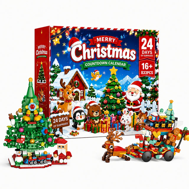 Christmas Advent Calendar Building Block Set, 3 Christmas Scenes with Tree, Gingerbread House & Village Display(864PCS) - cubertime