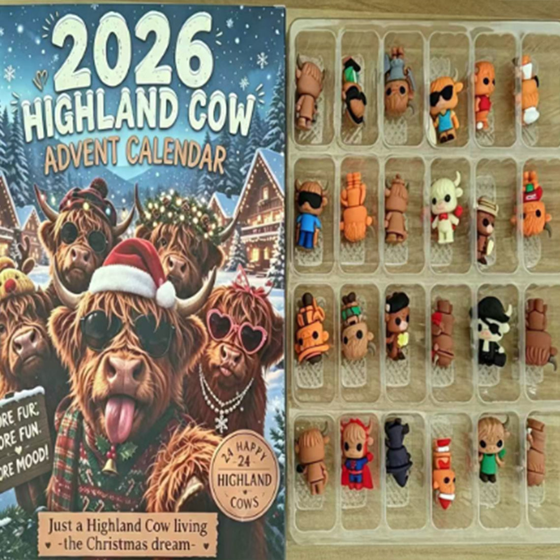 Christmas Long-Haired Cow Advent Calendar Surprise Box Set, 24 Mini Cow Figurines in Festive Holiday Costumes, 4cm Mini Collectible Figures for Christmas Countdown, Party Favors and Desktop Decor - cubertime
