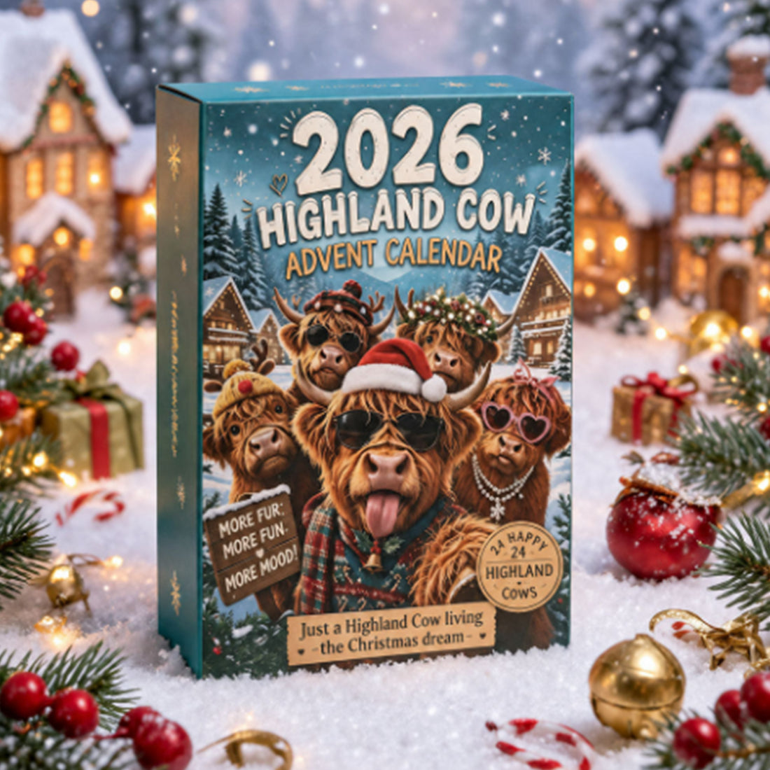 Christmas Long-Haired Cow Advent Calendar Surprise Box Set, 24 Mini Cow Figurines in Festive Holiday Costumes, 4cm Mini Collectible Figures for Christmas Countdown, Party Favors and Desktop Decor - cubertime