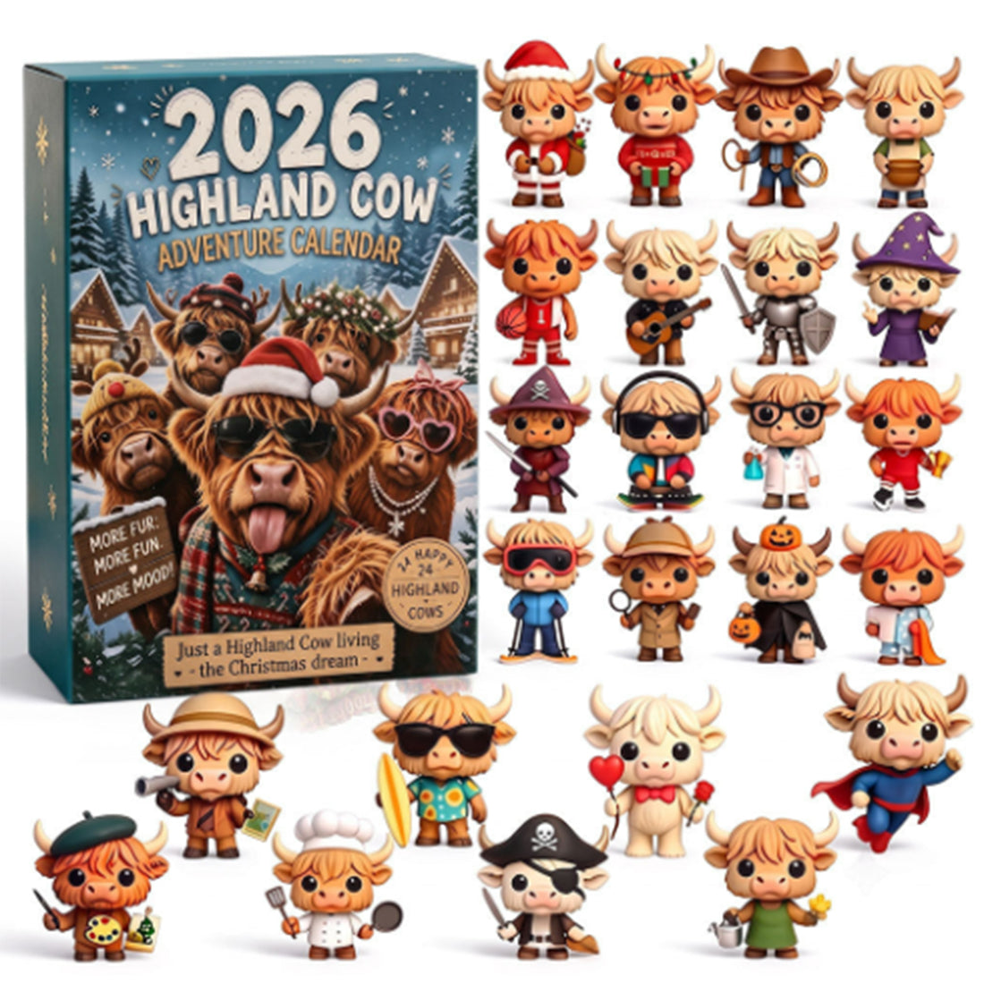 Christmas Long-Haired Cow Advent Calendar Surprise Box Set, 24 Mini Cow Figurines in Festive Holiday Costumes, 4cm Mini Collectible Figures for Christmas Countdown, Party Favors and Desktop Decor - cubertime