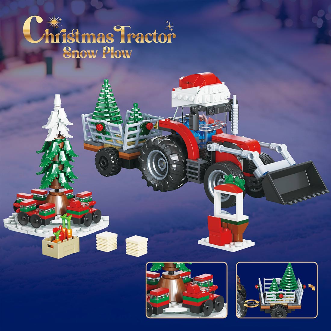 Christmas Snow Plow Tractor Building Set, Winter Farm Scene (428PCS) - cubertime