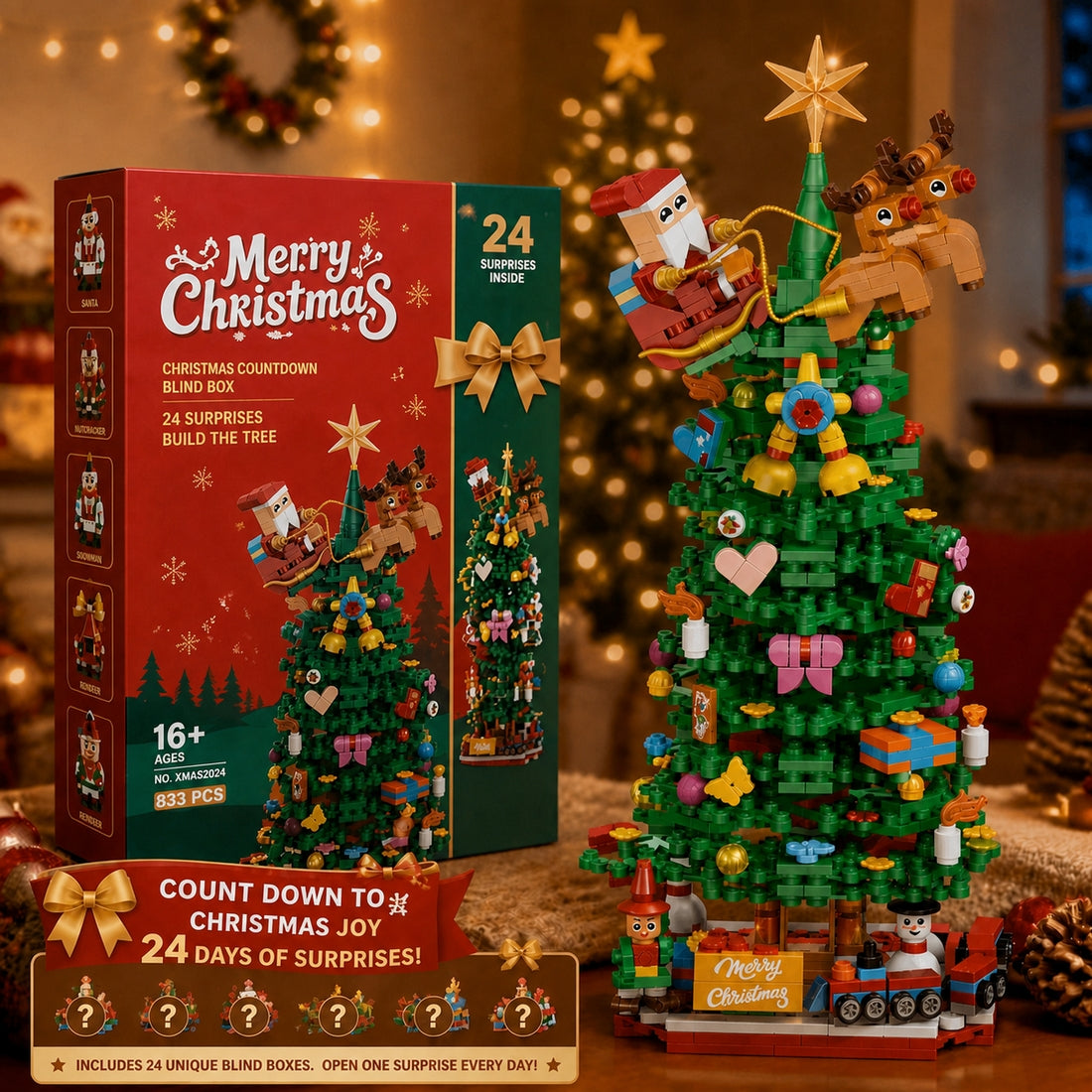 Christmas Tree Advent Calendar Building Block Set, 24-Day Christmas Countdown Surprise Box, Large Christmas Tree Model with Santa Sleigh, Reindeer, Ornaments aand Holiday Home Decor(833PCS) - cubertime