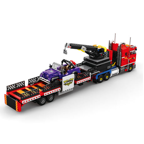 Classic North American Cabover Heavy Truck Building Block Set, Tractor with Lowboy Flatbed Trailer, Rotating Crane and Working Hook, Display Construction Kit (1387PCS) - CUBERTIME