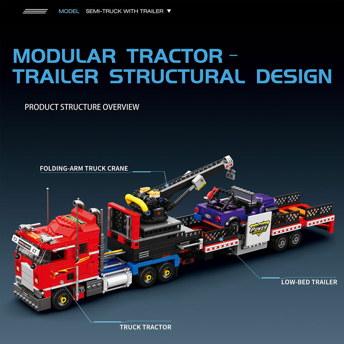 Classic North American Cabover Heavy Truck Building Block Set, Tractor with Lowboy Flatbed Trailer, Rotating Crane and Working Hook, Display Construction Kit (1387PCS) - CUBERTIME