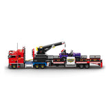 Classic North American Cabover Heavy Truck Building Block Set, Tractor with Lowboy Flatbed Trailer, Rotating Crane and Working Hook, Display Construction Kit (1387PCS) - CUBERTIME