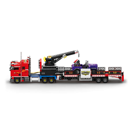 Classic North American Cabover Heavy Truck Building Block Set, Tractor with Lowboy Flatbed Trailer, Rotating Crane and Working Hook, Display Construction Kit (1387PCS) - CUBERTIME