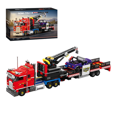 Classic North American Cabover Heavy Truck Building Block Set, Tractor with Lowboy Flatbed Trailer, Rotating Crane and Working Hook, Display Construction Kit (1387PCS) - CUBERTIME