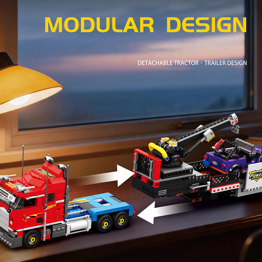 Classic North American Cabover Heavy Truck Building Block Set, Tractor with Lowboy Flatbed Trailer, Rotating Crane and Working Hook, Display Construction Kit (1387PCS) - CUBERTIME