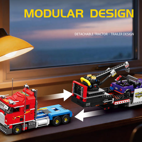 Classic North American Cabover Heavy Truck Building Block Set, Tractor with Lowboy Flatbed Trailer, Rotating Crane and Working Hook, Display Construction Kit (1387PCS) - CUBERTIME