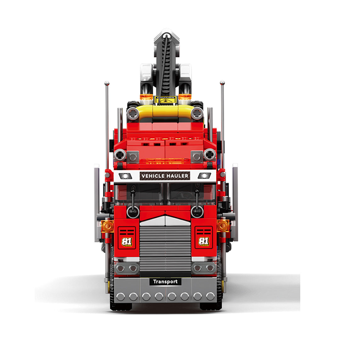 Classic North American Cabover Heavy Truck Building Block Set, Tractor with Lowboy Flatbed Trailer, Rotating Crane and Working Hook, Display Construction Kit (1387PCS) - CUBERTIME