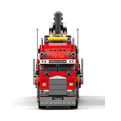 Classic North American Cabover Heavy Truck Building Block Set, Tractor with Lowboy Flatbed Trailer, Rotating Crane and Working Hook, Display Construction Kit (1387PCS) - CUBERTIME