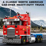 Classic North American Cabover Heavy Truck Building Block Set, Tractor with Lowboy Flatbed Trailer, Rotating Crane and Working Hook, Display Construction Kit (1387PCS) - CUBERTIME