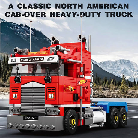Classic North American Cabover Heavy Truck Building Block Set, Tractor with Lowboy Flatbed Trailer, Rotating Crane and Working Hook, Display Construction Kit (1387PCS) - CUBERTIME