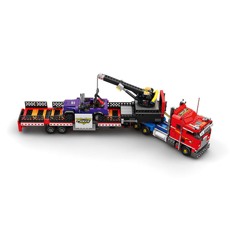 Classic North American Cabover Heavy Truck Building Block Set, Tractor with Lowboy Flatbed Trailer, Rotating Crane and Working Hook, Display Construction Kit (1387PCS) - CUBERTIME