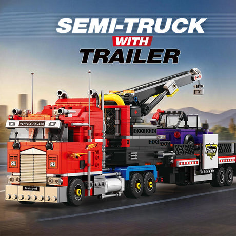 Classic North American Cabover Heavy Truck Building Block Set, Tractor with Lowboy Flatbed Trailer, Rotating Crane and Working Hook, Display Construction Kit (1387PCS) - CUBERTIME