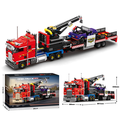 Classic North American Cabover Heavy Truck Building Block Set, Tractor with Lowboy Flatbed Trailer, Rotating Crane and Working Hook, Display Construction Kit (1387PCS) - CUBERTIME