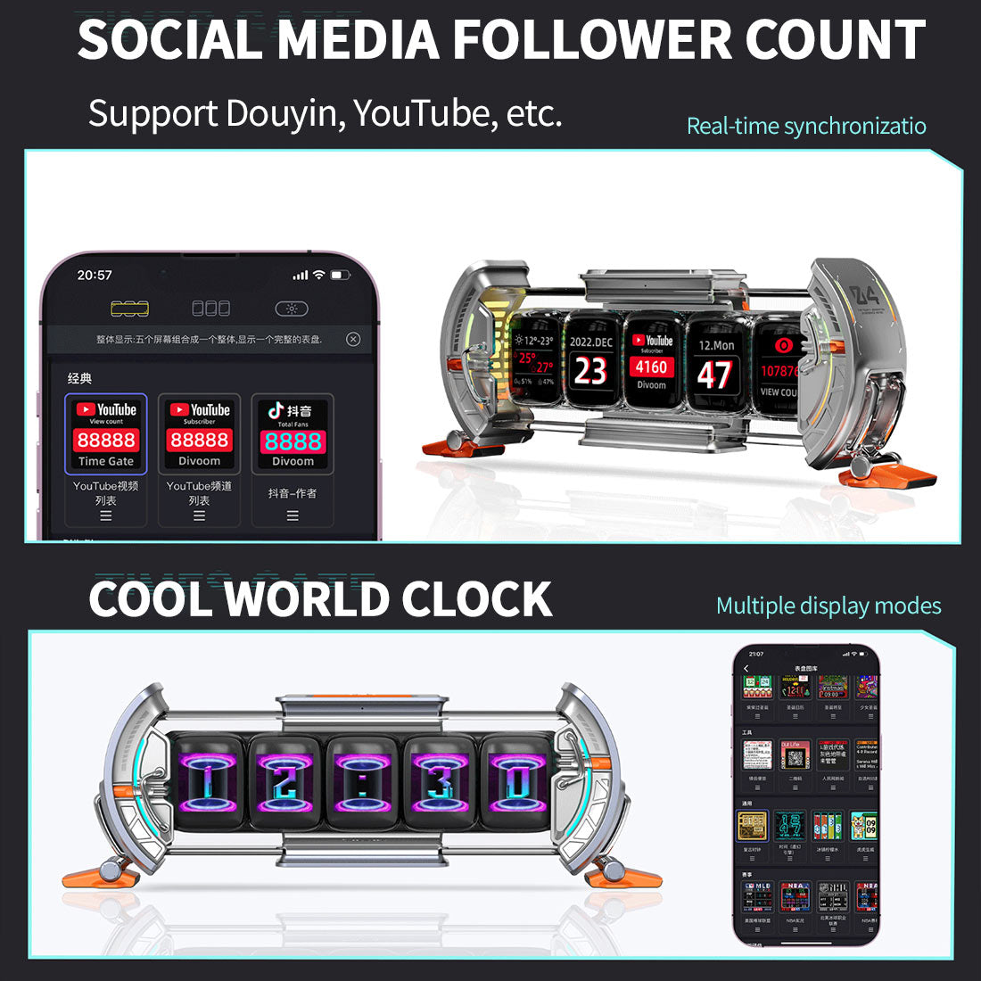 Times Gate Pixel Art Info Display Futuristic NIXIE Tube Style Clock(Glowing Silver)