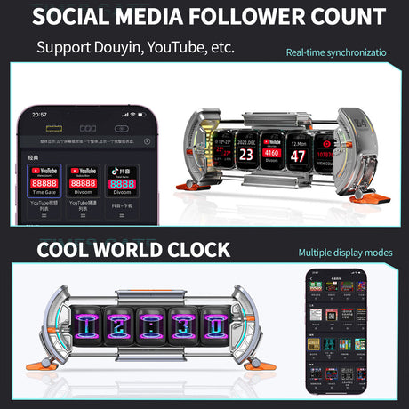 Times Gate Pixel Art Info Display Futuristic NIXIE Tube Style Clock(Glowing Silver)